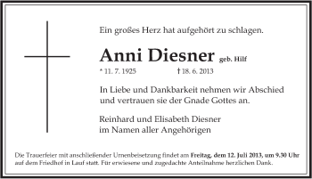 Traueranzeige von Anni Diesner von Pegnitz-Zeitung